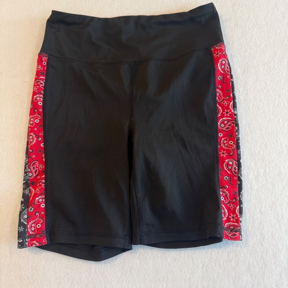 Bebe Sport Paisley Bandana Stripe Biker Shorts Women Medium Black
